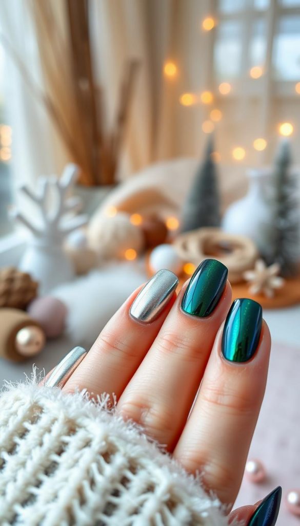A stylish close-up of elegantly manicured chrome nails showcasing the latest winter trends, featuring a variety of shades and finishes like icy silver, deep navy, and shimmering emerald. The foreground highlights the nails, polished to perfection under soft, diffused natural lighting, capturing the reflective qualities of the chrome finish. In the middle ground, a cozy winter-themed setting decorated with warm, inviting colors, such as soft whites and muted earth tones, enhances the atmosphere. A hint of snowflakes can be seen floating in the background, creating a seasonal vibe. The composition exudes a chic and modern aesthetic ideal for a Pinterest-worthy look. Designed by 'KlickKiste', this image inspires authentic DIY elegance, perfect for captivating readers with winter nail art ideas.