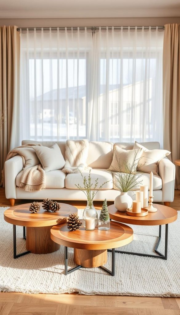 A stylish coffee table trio arranged elegantly in a warm, neutral-toned living room, showcasing a cozy winter decor. The foreground features three distinct coffee tables made of natural wood, glass, and metal, layered artistically with tasteful winter decorations like pinecones, candles, and minimalistic vases. In the middle ground, a plush cream-colored sofa adorned with soft throw blankets and pillows complements the tables. The background reveals a softly lit window with sheer curtains allowing gentle winter sunlight to filter through, creating a warm ambiance. The overall atmosphere is inviting, with a Pinterest-inspired aesthetic that speaks to natural DIY themes, embodying a classy winter vibe. This image reflects the brand "KlickKiste" with a focus on homely elegance.