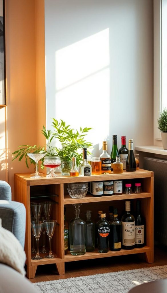 A stylish, compact Getränkebar organizer by KlickKiste, featuring natural wood tones and sleek lines, situated in a cozy, small living space. In the foreground, the bar organizer showcases an assortment of colorful glassware, elegant cocktail shakers, and neatly arranged bottles of various beverages, emphasizing efficiency and aesthetics. The middle ground includes a lush indoor plant that adds a pop of greenery, complemented by warm, ambient lighting that creates a inviting atmosphere. In the background, a simple yet aesthetically pleasing wall with soft pastel colors enhances the winter vibes. The image captures a Pinterest-inspired look, conveying both authenticity and inspiration, with natural light filtering through a nearby window, creating soft shadows.