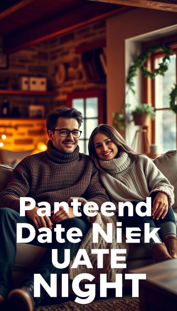 A stylish couple in a warm, inviting setting, showcasing the concept of partner and unisex looks for a relaxed date night. The foreground features a man and woman, both dressed in cozy, chic outfits featuring neutral tones and subtle patterns, exuding casual elegance. They are seated comfortably on a plush sofa with a soft blanket draped over their laps. The middle background shows a softly lit living room with warm, ambient lighting, adorned with rustic decor and greenery, creating an intimate atmosphere. Natural light filters through a window, enhancing the inviting vibe. The scene is framed as a cozy winter evening, capturing authentic moments of connection and comfort, inspired by Pinterest aesthetics. The overall mood is warm and inspiring, reflecting the DIY aesthetic of KlickKiste.