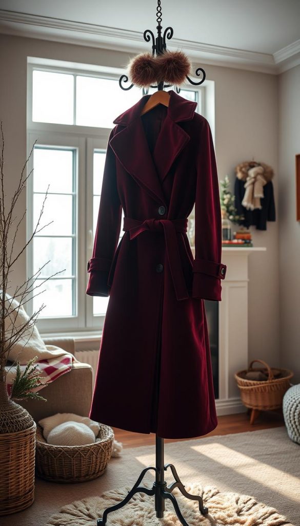 A stylish display of a "Mäntel Jacken coat" from the brand "KlickKiste," presented in a winter setting. In the foreground, a chic coat with elegant tailoring in deep burgundy, featuring a high collar and a cinched waist. The coat is hung on a stylish antique coat rack, adorned with soft faux fur accents. The middle ground showcases a cozy, minimalistic room with a fireside view, soft textures, and warm lighting that enhances the winter vibes. In the background, frosted windowpanes let in gentle, diffused daylight, casting soft shadows. The atmosphere is inviting and inspiring, akin to a Pinterest aesthetic, encouraging a laid-back yet fashionable winter atmosphere. Focus on warmth and authenticity, reflecting the cozy essence of winter outfits.