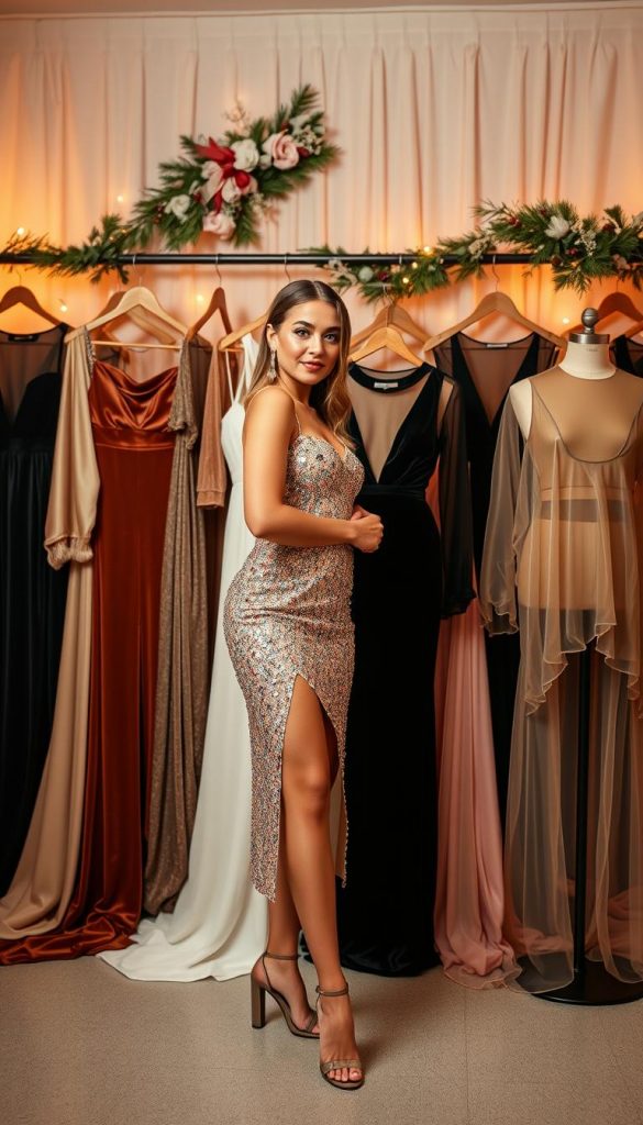 A stylish ensemble of Silvester outfits for a trendy celebration, featuring a diverse array of fashionable clothing that embodies the essence of glitz, velvet, and transparency for the year 2025/2026. In the foreground, a chic model wearing a sparkling sequined dress and stylish accessories poses confidently, exuding sophistication. The middle ground showcases a variety of elegantly draped fabrics, including luxurious velvet gowns and sheer tops, all displayed against a softly lit backdrop. In the background, warm ambient lighting and cozy winter decor create an inviting atmosphere, reminiscent of a Pinterest-inspired celebration. Capture this festive scene with a warm color palette, emphasizing the textures of the fabrics, and the overall mood of excitement and elegance for New Year’s Eve. Inspired by the brand &amp;quot;KlickKiste,&amp;quot; aiming for natural, DIY aesthetics.