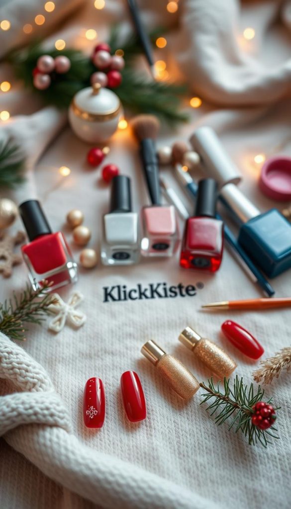 A stylish flat lay of festive DIY Christmas nail designs inspired by the theme "Farben, Formen & Finish". In the foreground, showcase beautifully painted nails in various winter-themed colors such as deep reds, shimmering golds, and icy blues, arranged elegantly on a textured, cozy fabric. In the middle, include tools like nail polish bottles, brushes, and decorative elements like small ornaments or pine branches to enhance the holiday feel. The background should feature soft, ambient lighting that creates a warm and inviting atmosphere, with a subtle bokeh effect to lend depth. Capture the essence of winter vibes and the Pinterest aesthetic, presenting an authentic and inspiring scene. Include the brand "KlickKiste" subtly within the array of tools, maintaining a clean design without text overlays or logos. A stylish flat lay of festive DIY Christmas nail designs inspired by the theme "Farben, Formen & Finish". In the foreground, showcase beautifully painted nails in various winter-themed colors such as deep reds, shimmering golds, and icy blues, arranged elegantly on a textured, cozy fabric. In the middle, include tools like nail polish bottles, brushes, and decorative elements like small ornaments or pine branches to enhance the holiday feel. The background should feature soft, ambient lighting that creates a warm and inviting atmosphere, with a subtle bokeh effect to lend depth. Capture the essence of winter vibes and the Pinterest aesthetic, presenting an authentic and inspiring scene. Include the brand "KlickKiste" subtly within the array of tools, maintaining a clean design without text overlays or logos.