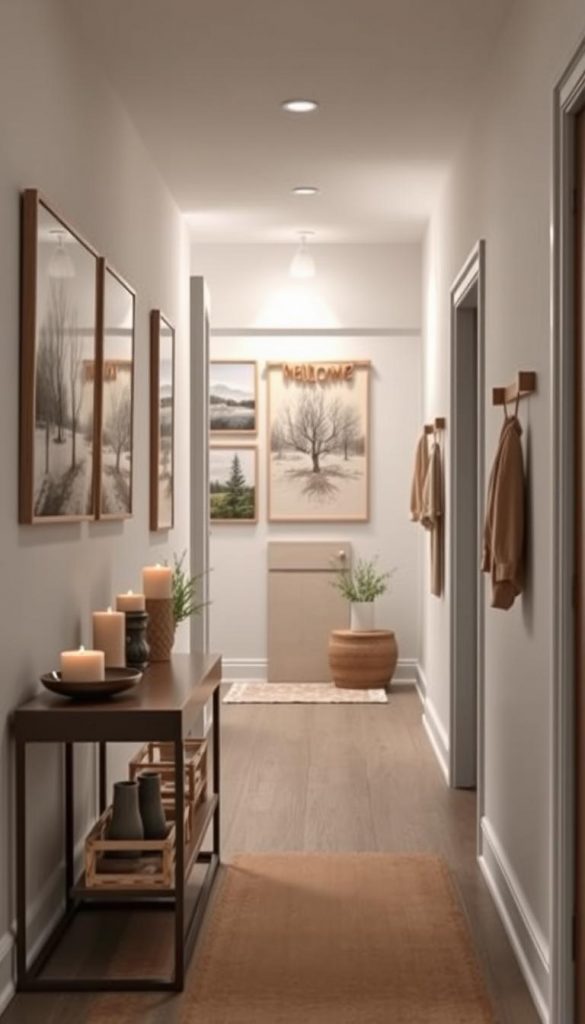 A stylish gallery corridor designed for a cozy entryway, showcasing an arrangement of oversized art prints inspired by winter themes. The foreground includes a sleek console table adorned with warm-toned decor items like candles and small plants. The middle features a series of curated prints on the wall, with a color palette of soft earthy tones, evoking a tranquil atmosphere. The background shows a glimpse of the entrance with a welcoming lighting, casting a soft glow over the scene. The space incorporates natural elements and textures, like wooden accents and fabric wall hangings, creating an authentic Pinterest-worthy look. The overall mood is warm, inviting, and inspiring, suitable for showcasing the brand "KlickKiste" through clever decor and organization ideas.