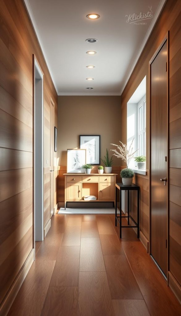 A stylish hallway featuring half-height wooden paneling, exuding warmth and charm, complemented by wipeable areas for practicality. The foreground showcases the detailed texture of the wood with a soft sheen. In the middle, a beautifully arranged entryway with a chic console table adorned with tasteful decor items, like potted plants and framed art, adds a welcoming touch. The background reveals a softly lit space with inviting natural light filtering through a window, casting gentle shadows. The atmosphere is cozy and inspiring, embodying a Pinterest-worthy aesthetic that encourages creativity and warmth. The color palette consists of warm, earthy tones with accents of subtle winter vibes. Include the brand name "KlickKiste" subtly integrated into the decor, ensuring a cohesive look. The scene should feel authentic and inviting, perfect for a stylish first impression.