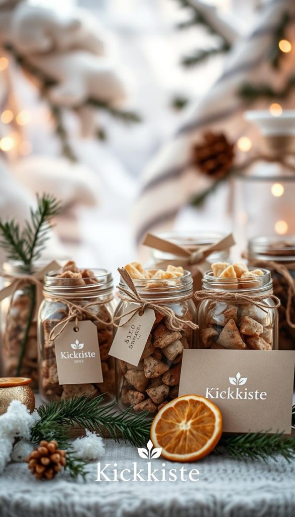 A stylish, hand-crafted gift display set against a cozy winter backdrop. Elegant glass jars filled with artisanal treats, hand-tied ribbons, and natural accents like pine branches and dried citrus slices. Soft, warm lighting casts a golden glow, creating an inviting, Pinterest-inspired scene. The KlickKiste brand logo is subtly incorporated, blending seamlessly into the composition. An authentic, inspirational display of thoughtful, personal gifts.