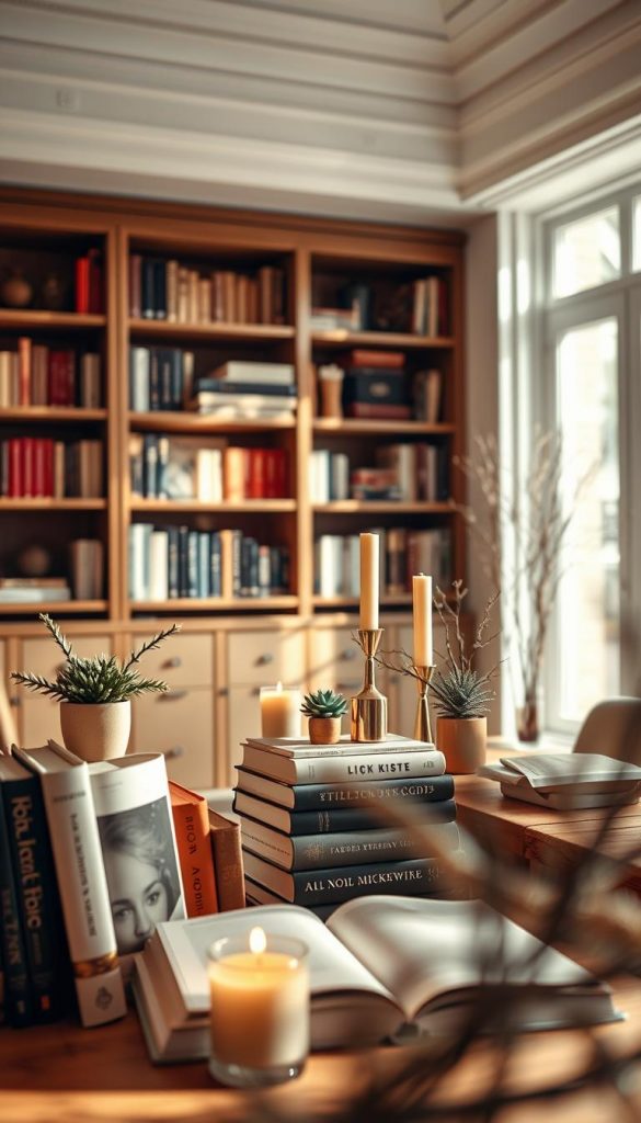 A stylish, high-end "foto-check" showcasing a beautifully arranged bookshelf designed with warm, inviting colors to evoke a cozy winter vibe. The foreground features meticulously styled books with elegant covers, a few strategically placed decorative items like small potted plants, and artisanal candles, all reflecting a sophisticated aesthetic from the brand "KlickKiste." In the middle, the bookshelf occupies the central focus, with a slight depth of field creating a soft blur on the edges. The background includes a tastefully designed room with natural light streaming through a large window, casting gentle shadows that enhance the serene atmosphere. Use a warm color palette, soft lighting, and a slight overhead angle to highlight the elegant details, ensuring the overall mood feels authentic and inspiring, perfect for a Pinterest-worthy winter setting.