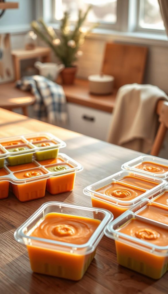 A stylish, high-quality image of a Souper Cubes storage container by KlickKiste, filled with frozen homemade soup in vibrant colors like orange and green. The foreground showcases the clear silicone trays, highlighting their individual compartments. In the middle, place a wooden kitchen countertop, adorned with natural light reflecting off the surface, enhancing the inviting atmosphere. The background features a warm, rustic kitchen setting, with soft winter vibes, such as a cozy scarf draped over a chair and a subtle indoor plant. The lighting should be soft and natural, creating an inspiring and authentic Pinterest aesthetic that conveys a sense of warmth and functionality. Ensure no text or watermarks are present in the image.