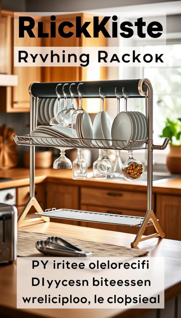A stylish kitchen scene featuring a roll-up drying rack by KlickKiste in the foreground, elegantly unfolded above a cozy, warm-toned countertop. The drying rack showcases a variety of clean dishes, glasses, and utensils neatly arranged, with soft, diffused natural light cascading in from a nearby window, creating a welcoming atmosphere. In the middle ground, a rustic stone mat and a pair of chic toaster tongs complete the scene, enhancing the practicality and charm of modern kitchen accessories. The background includes blurred hints of a well-organized kitchen with wooden cabinets and subtle greenery, further emphasizing the DIY and Pinterest aesthetic with inviting winter vibes. The overall mood is authentic and inspiring, perfect for a homey yet functional kitchen environment.