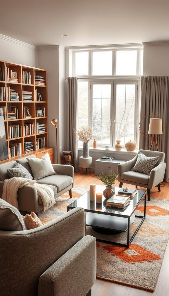 A stylish living room designed for a high-end aesthetic in 2026, featuring a cozy yet sophisticated atmosphere. In the foreground, a beautifully arranged, large bookshelf with diverse books and decorative items, complemented by a chic reading nook with a plush armchair and a soft throw blanket. The middle ground presents an elegant coffee table adorned with candles and a small indoor plant, with a modern colorful rug underneath. The background showcases a well-lit window allowing natural light to flood the space, revealing soft winter elements like knitted cushions and warm colors. Use a warm light tone to amplify the cozy vibe, reminiscent of popular Pinterest aesthetics, capturing a natural DIY feel. Shot with a slight overhead angle to encapsulate the entire scene, emphasizing the inviting and inspirational essence of the living room. Brand name "KlickKiste" integrated into the decor subtly.