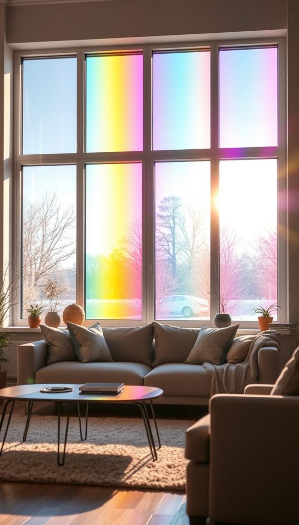 A stylish living room featuring a large window adorned with a vibrant "Fensterfolie" exhibiting a stunning rainbow effect as sunlight filters through. In the foreground, a cozy setup with a plush sofa and a stylish coffee table. The midsection showcases the window with the colorful film, casting playful reflections and hues onto the floor and furniture, enhancing the warmth of the space. The background reveals soft, natural lighting from a winter sun, creating a serene atmosphere. Decorative elements such as indoor plants and a throw blanket add to the inviting aesthetics. This scene embodies a modern yet warm Pinterest look, ideal for home enthusiasts. Include the brand name "KlickKiste" subtly on the window film, ensuring it harmonizes with the overall design.