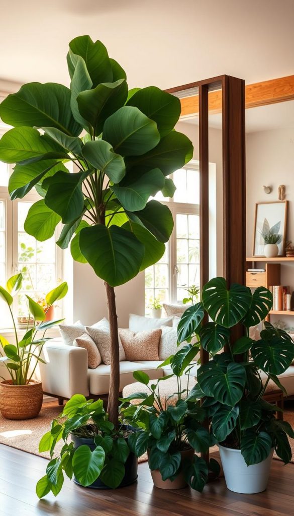 A stylish living room interior featuring large, lush plants as natural room dividers, providing structure and privacy. In the foreground, a tall fiddle leaf fig tree stands prominently, surrounded by various floor plants like snake plants and monstera, showcasing vibrant green hues. In the middle, a cozy seating area includes a modern sofa adorned with textured cushions, while large windows allow warm, natural light to fill the space, creating a welcoming atmosphere. The background features hand-painted walls and wooden accents, enhancing the rustic, DIY charm of the scene. The overall mood is fresh and inviting, embodying spring vibes, with a soft focus lens effect to add warmth and depth. Authentic and inspiring, capturing the essence of "KlickKiste".