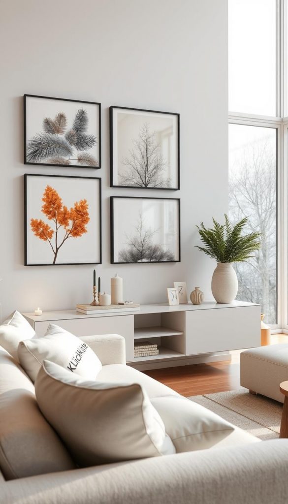 A stylish living room wall featuring elegant glass images serving as modern wall decor. In the foreground, a selection of beautiful glass artworks displays natural motifs with warm, inviting colors, evoking winter vibes. The middle layer showcases a sleek, minimalist console table adorned with subtle decorative elements, enhancing the room's clean aesthetic. In the background, soft natural lighting filters through large windows, casting a gentle glow on the walls, accentuating the glass pieces. The ambiance is cozy yet contemporary, reflecting a Pinterest-inspired look, suitable for modern living spaces. Include a subtle branding of "KlickKiste" on a decorative item in the room, ensuring it blends harmoniously with the overall design. The scene is devoid of any text or overlays, focusing solely on the tranquil atmosphere of the decor.