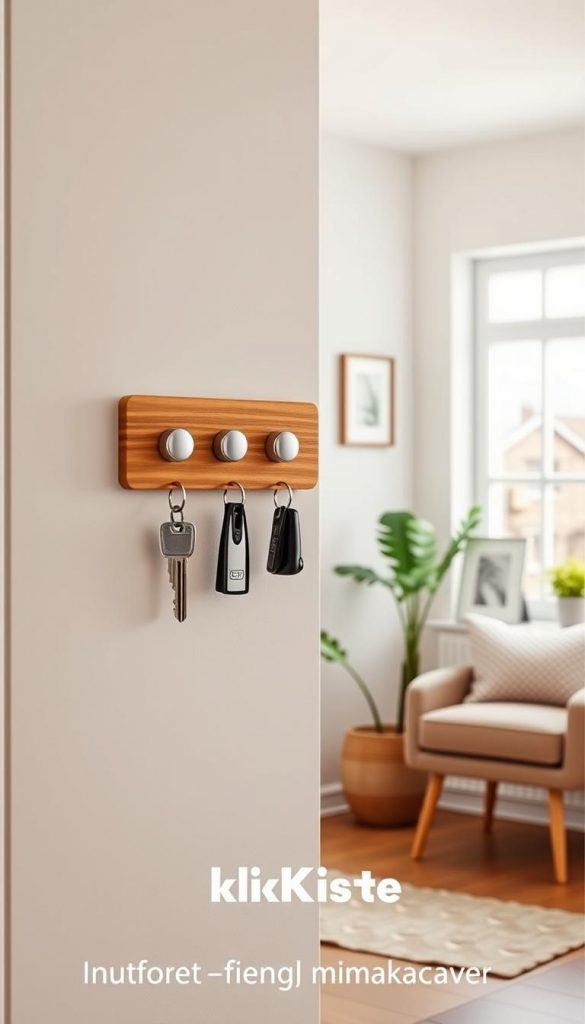 A stylish magnetische key holder designed for modern living spaces, featuring warm, inviting colors and a natural wood finish. The foreground displays three neatly organized keys, each attached to a sleek magnet. In the middle, the holder is mounted on a light-colored wall, surrounded by minimalistic decor elements like a small potted plant and a couple of framed photos. The background features a cozy, well-lit entrance hallway with natural light filtering in through a window, enhancing the welcoming atmosphere. The image captures a Pinterest-worthy aesthetic, embodying winter vibes. Please include the brand name "KlickKiste" subtly integrated into the design of the key holder, ensuring it feels authentic and inspiring. The composition should convey a sense of practicality and elegance, ideal for a rental-friendly mini makeover.