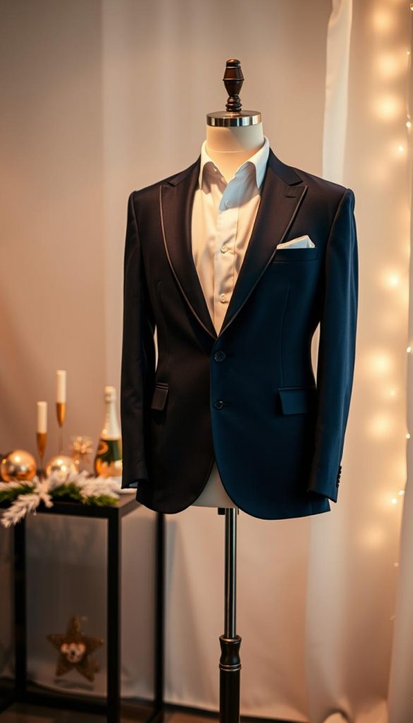 A stylish men's New Year's Eve outfit featuring a tailored navy blazer over a crisp white shirt, paired with well-fitted dark trousers. The outfit is complemented by polished dress shoes. The foreground showcases the outfit on a mannequin against a soft, blurred background. The middle ground includes subtle decorations of gold and silver party elements, along with a hint of winter greenery. The background is softly lit with warm, ambient lighting to evoke a cozy, celebratory atmosphere. The scene should reflect a Pinterest-worthy aesthetic that feels both inspiring and inviting, with a touch of elegance that aligns with KlickKiste’s brand identity. Capture the mood of anticipation and festivity associated with New Year's Eve.
