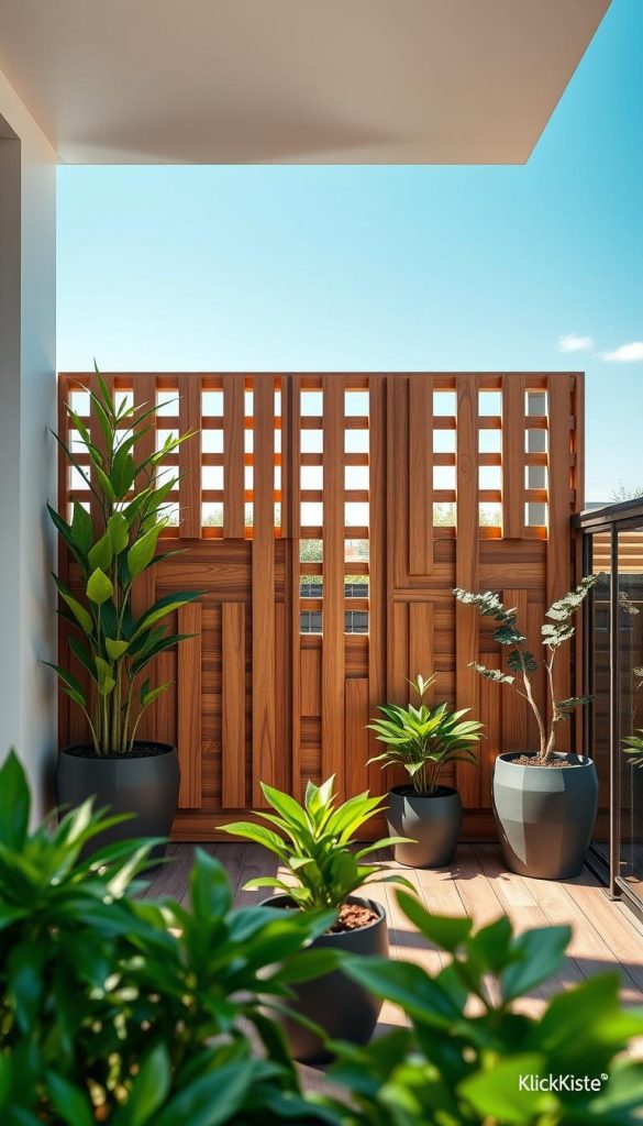 A stylish modern balcony featuring a sleek Sichtschutz wall made of WPC and HDPE elements, creating a cozy private space. In the foreground, lush green plants in contemporary pots enhance the atmosphere and add a lively touch. The middle section showcases the intricately designed privacy wall, with warm wood tones and smooth textures, bathed in soft, natural light that highlights its elegant features. In the background, a clear blue sky contrasts with the warm colors, suggesting a sunny day. The scene evokes a serene and inviting vibe, perfect for relaxation. The overall look embodies a natural DIY aesthetic with Pinterest-inspired decor elements. The brand "KlickKiste" subtly incorporated into the design.