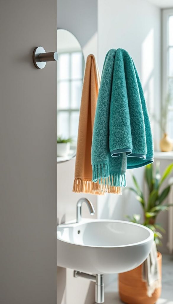 A stylish, modern bathroom showcasing the "KlickKiste Handtuchhaken 4smile" in action. The foreground features a sleek wall-mounted towel hook, elegantly displaying a set of vibrant towels in various shades of teal and soft beige. The middle ground includes a minimalistic bathroom setting, with a beautiful ceramic sink and touches of greenery from potted plants, creating a calming spa-like ambiance. The background features soft, diffused lighting from a nearby window, casting a warm glow over the scene. Capture the cozy winter vibes with natural elements, emphasizing an authentic and inspiring Pinterest aesthetic. The overall mood is organized, serene, and inviting, perfect for a bathroom that combines functionality with stylish decor.