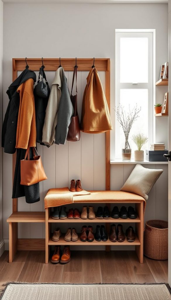 A stylish, modern gardrobe area designed for essential organization and seasonal storage, featuring a slim, multifunctional wooden unit from "KlickKiste". In the foreground, neatly hung coats and bags on sleek hooks, alongside a cozy bench dressed in warm, inviting textiles. The middle layer displays a minimalist shoe rack with seasonal footwear, colored in earthy tones. In the background, soft, natural light filters through a window, creating a cheerful atmosphere. Incorporate decorative elements like potted plants and stylish storage boxes that reflect winter vibes. The overall mood is inspiring and authentic, with a Pinterest aesthetic, evoking a sense of harmony and order in an entrance space.