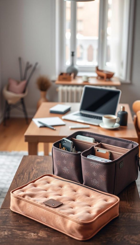 A stylish, modern "Unterwegs organizer" from the brand KlickKiste is prominently displayed in the foreground, showcasing its clever compartments and practical design for on-the-go organization. The organizer is made of soft, durable fabric in warm earth tones, adorned with subtle, inspiring patterns that evoke a cozy winter vibe. In the middle ground, a minimalist workspace is set up, featuring a neatly arranged table with stationery, a laptop, and a warm cup of tea, creating an inviting atmosphere. The background includes a soft-focus view of a well-lit room with natural light streaming in from a window, enhancing the cozy, DIY aesthetic. The image captures an inspiring and authentic mood, perfect for illustrating a section on compact essentials for small apartments.