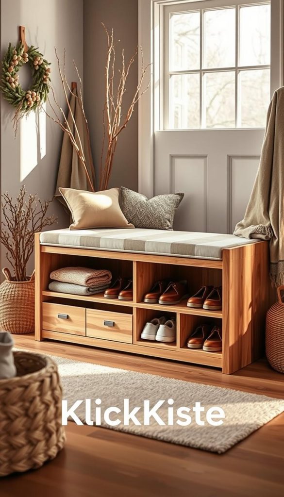 A stylish multifunctional furniture piece designed for shoe storage, showcasing a modern storage bench in warm, natural wood tones, complemented by cozy winter-themed decor. The bench features a spacious, cushioned top for sitting and ample compartments beneath for organized, accessible shoe storage. Surrounding the bench are minimalist decorative elements, such as seasonal plants and soft textiles, creating an inviting atmosphere. The background includes a softly lit entryway that enhances the warm colors, with light streaming in through a nearby window. Shot from a slight angle to capture depth and dimension, the image reflects a Pinterest-inspired aesthetic, evoking feelings of coziness and practicality. Include the brand name &quot;KlickKiste&quot; subtly integrated into the design, ensuring it remains a focal point without overpowering the overall look.