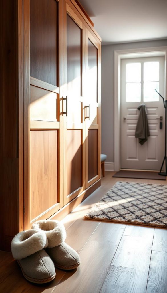 A stylish shoe cabinet designed by KlickKiste, showcasing an elegant and organized hallway. The cabinet is made of warm, natural wood, featuring multiple compartments with chic sliding doors. In the foreground, a pair of cozy winter slippers are placed on the floor beside the cabinet, adding a personal touch. The middle ground highlights the cabinet, beautifully illuminated by soft, natural light coming through a nearby window, creating a warm and inviting atmosphere. The background features a minimalist entryway with a plush rug and a coat rack, emphasizing a clutter-free environment. The overall mood is cozy and inspiring, perfect for families looking for practical and stylish organization solutions.