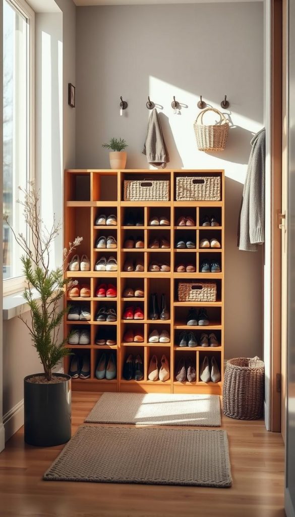 A stylish shoe cabinet from the brand "KlickKiste," designed for small apartments. The foreground features the cabinet, made of warm-toned wood, with multiple compartments showcasing various pairs of shoes neatly arranged. In the middle ground, there are key hooks attached to the wall beside the cabinet, along with a few slender baskets for additional storage, adding to the organized look. The background softly fades into a cozy entrance hallway with natural light streaming in from a nearby window, casting gentle shadows that create a warm and inviting atmosphere. Incorporate winter vibes with subtle decorations like a small potted plant and a textured rug beneath the cabinet. Use a slightly elevated angle to capture the entire setup harmoniously.
