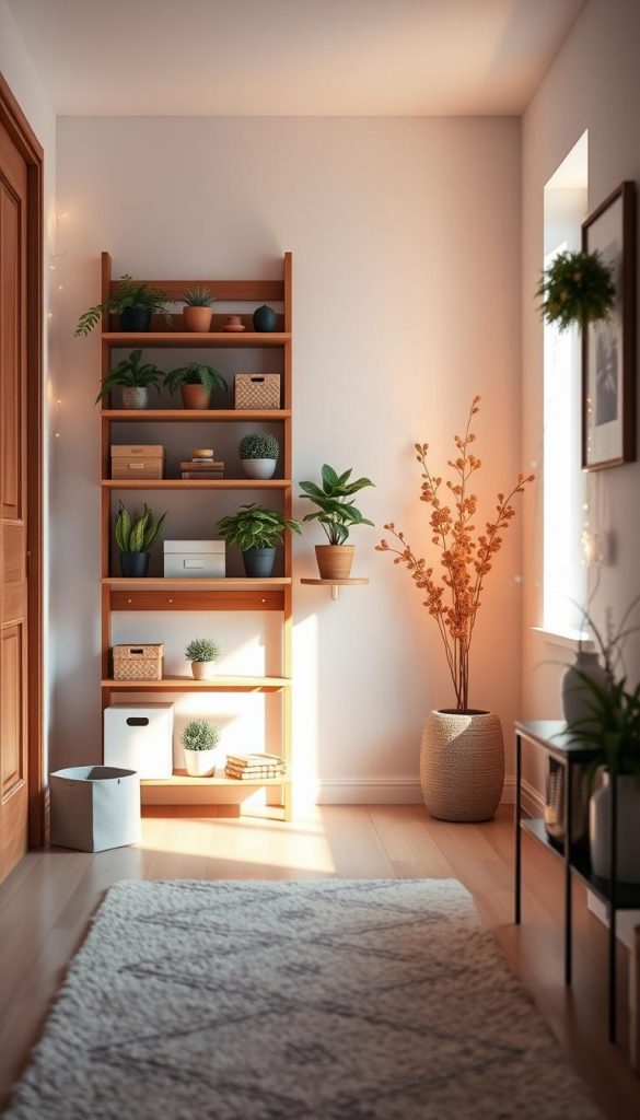 A stylish vertical hallway organizer designed by KlickKiste, featuring warm wood tones and clean lines. The organizer is adorned with a variety of potted plants and decorative boxes, showcasing a harmonious blend of functionality and aesthetics. In the foreground, a cozy entryway rug creates an inviting atmosphere, while in the middle, the organizer stands proudly against a softly lit wall with a touch of natural light filtering in from a nearby window. The background displays subtle winter decor accents, like a string of twinkling lights and a framed artwork, enhancing the Pinterest-like ambiance. The overall mood is warm and inspiring, inviting viewers to envision an organized and stylish small space.
