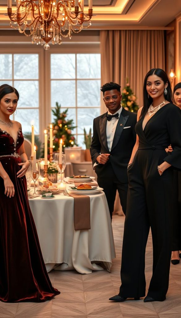 A stylish winter gala scene featuring a variety of elegant Silvester outfits for a dinner event. In the foreground, a diverse group of three models wearing sophisticated attire: a woman in an elegant long velvet gown with subtle embellishments, a man in a tailored tuxedo with a bow tie, and another woman in a chic black jumpsuit complemented by statement jewelry. The middle ground includes an elegantly set dining table adorned with sparkling candles, festive decorations, and gourmet dishes. The background reveals a softly lit room with winter-themed decor and a large window showing gentle snowfall outside. The atmosphere is warm and inviting, illuminated by soft golden lighting. This image captures a Pinterest-worthy inspired moment that evokes feelings of celebration and style. Created by KlickKiste.