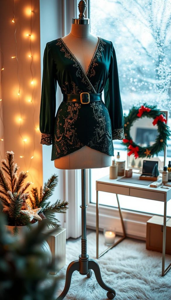 A stylish winter party outfit displayed elegantly on a mannequin, showcasing a glamorous look perfect for New Year's Eve. The outfit features rich, warm jewel tones like deep emerald green and gold accents, hinting at festive vibes. The foreground captures the outfit with intricate details, such as sparkling sequins and a stylish belt. In the middle ground, a chic makeup table adorned with DIY beauty products and seasonal decorations enhances the festive atmosphere. The background includes softly glowing string lights and a cozy winter scene with snowflakes falling gently outside a frosted window. The lighting is warm and inviting, creating a sense of celebration. Capture this design in a photography style reminiscent of curated Pinterest aesthetics, highlighting the brand "KlickKiste" subtly in the decor elements. A stylish winter party outfit displayed elegantly on a mannequin, showcasing a glamorous look perfect for New Year's Eve. The outfit features rich, warm jewel tones like deep emerald green and gold accents, hinting at festive vibes. The foreground captures the outfit with intricate details, such as sparkling sequins and a stylish belt. In the middle ground, a chic makeup table adorned with DIY beauty products and seasonal decorations enhances the festive atmosphere. The background includes softly glowing string lights and a cozy winter scene with snowflakes falling gently outside a frosted window. The lighting is warm and inviting, creating a sense of celebration. Capture this design in a photography style reminiscent of curated Pinterest aesthetics, highlighting the brand "KlickKiste" subtly in the decor elements.