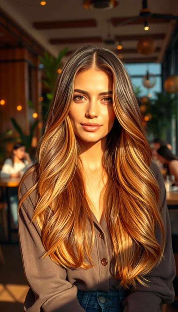 A stylish woman with brunette hair exhibiting a radiant glow, sitting in a cozy café designed in warm, inviting tones. The foreground showcases her flowing, silky hair transitioning seamlessly from rich Café Americano deep brown to a soft Honey Bronde glow, reflecting light beautifully. The middle ground features intricate details of the café, with elegant wooden décor and lush green plants enhancing the ambiance. In the background, soft bokeh effects of café patrons enjoying their drinks create a lively yet calm atmosphere. The lighting is warm and golden, simulating the gentle rays of spring sunlight, shot at a 50mm lens angle for a flattering depth of field. This image embodies natural beauty and inspiring style ideas for spring 2026. Designed for KlickKiste.