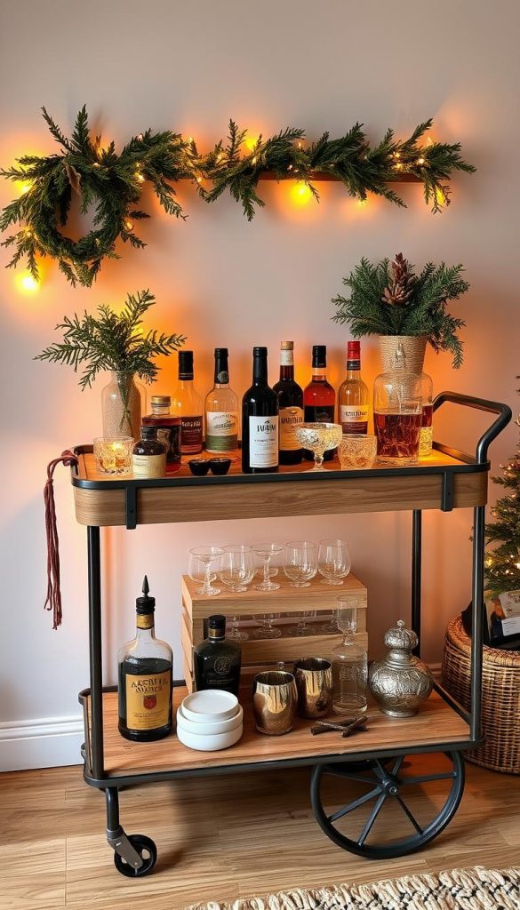 A stylishly curated bar cart, adorned with a mix of rustic and modern accents, stands proudly in the cozy winter setting. Warm amber lighting casts a soft glow, highlighting the artfully arranged bottles and glassware of the KlickKiste. Lush evergreen sprigs, twinkling fairy lights, and a hint of seasonal spice create a festive, inviting atmosphere. The cart's sleek metal frame and wooden shelves blend seamlessly, radiating a Pinterest-worthy aesthetic. This DIY-inspired scene exudes a sense of natural, authentic charm, ready to transform a simple evening into a memorable Silvester celebration.