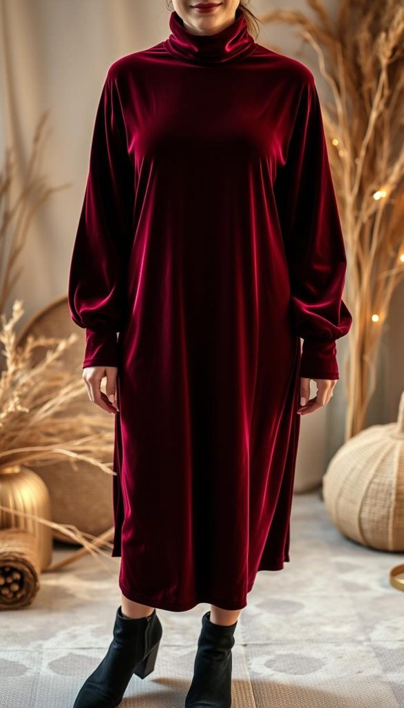 A sumptuous, luxurious velvet dress in a rich, warm burgundy hue. The midi-length silhouette falls gracefully, accentuated by a high neckline and long, flowing sleeves. The dress is paired with a pair of sleek, black suede ankle boots with a modest block heel, creating a chic, sophisticated look. The lighting is soft and diffused, casting a cozy, winter-inspired glow. The background is a natural, DIY-inspired setting, with hints of rustic textures and muted tones, evoking a serene, inviting atmosphere. Warm, earthy tones and a touch of sparkle from subtle metallic accents complete the festive, Pinterest-worthy aesthetic.