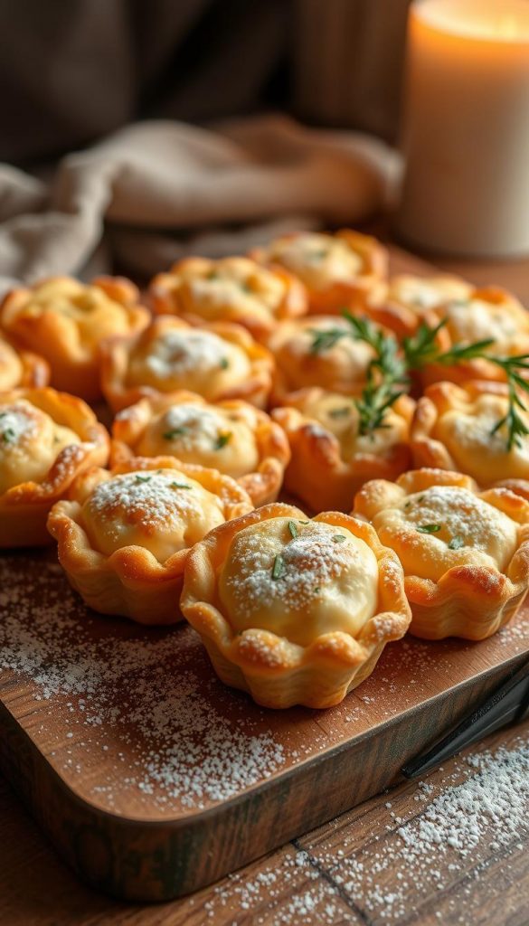 A tempting arrangement of golden, flaky pastry bites, fresh from the oven, sits atop a rustic wooden board. The savory scent of melted cheese and herbs wafts through the air, creating a cozy, inviting atmosphere. Soft, warm lighting casts a gentle glow, accentuating the inviting textures and hues. The scene evokes a sense of comforting simplicity, perfect for intimate gatherings or casual celebrations. A touch of winter wonderland inspires, with a dusting of snow-like powdered sugar adding a festive touch. This irresistible spread of homemade &amp;amp;amp;quot;ofen häppchen&amp;amp;amp;quot; promises to delight the senses and keep all your guests feeling warm and satisfied.