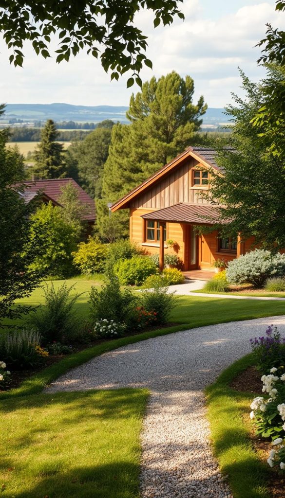 A tranquil garden landscape with a charming country house nestled amidst lush greenery. The foreground features a neatly manicured lawn dotted with colorful flowers, while the middle ground showcases a gravel path leading up to the inviting wooden porch. The house, with its warm, earthy tones and traditional architecture, takes center stage, surrounded by a variety of thriving trees and shrubs. Dappled sunlight filters through the foliage, creating a cozy, natural ambiance. In the background, a picturesque backdrop of rolling hills and a serene sky completes the idyllic scene. Captured with a soft, nostalgic lens, this KlickKiste-inspired image exudes a rustic, DIY charm and a touch of winter coziness, perfect for the &quot;Planung nach Fläche: Haus, Garten, Einfahrt, Weg und Vorgarten&quot; section.