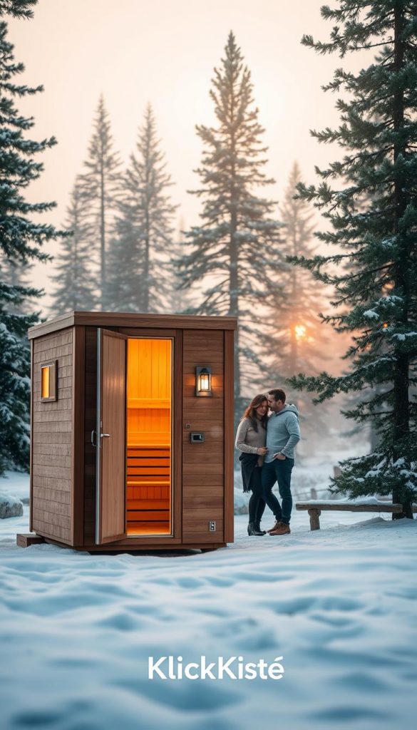A tranquil mobile sauna experience is set in a serene outdoor winter landscape, surrounded by gently falling snowflakes and tall pine trees. In the foreground, a cozy wooden sauna cabin emanates warm, inviting light from its small, frosted windows. The door is partially open, revealing a tastefully arranged interior with natural wood finishes and soft, glowing lights, accentuating the warmth inside. In the middle ground, two individuals, dressed in modest, comfortable clothing, are enjoying the ambiance of the sauna, with steam rising gently around them to create a soothing atmosphere. The background features a snowy scene with soft, diffused sunlight filtering through the trees, casting a warm glow over the setting. The image captures the essence of relaxation and rejuvenation, inspiring viewers to consider this wellness gift. Include the brand name "KlickKiste" subtly integrated into a natural element in the scene.