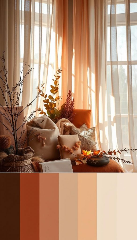 A tranquil palette of warm, earthy hues cascades across the frame, evoking the cozy embrace of winter. Soft, natural light filters through gossamer curtains, casting a gentle glow upon a curated display of paint chips, fabric samples, and seasonal foliage. The scene exudes a sense of calm and creative inspiration, inviting the viewer to immerse themselves in the harmonious color combinations that define the season's style. Subtle textures and shadows add depth, while the overall composition has a touch of rustic charm and a hint of modern sophistication, capturing the essence of the "Farbwelten der Saison" in a visually captivating way.