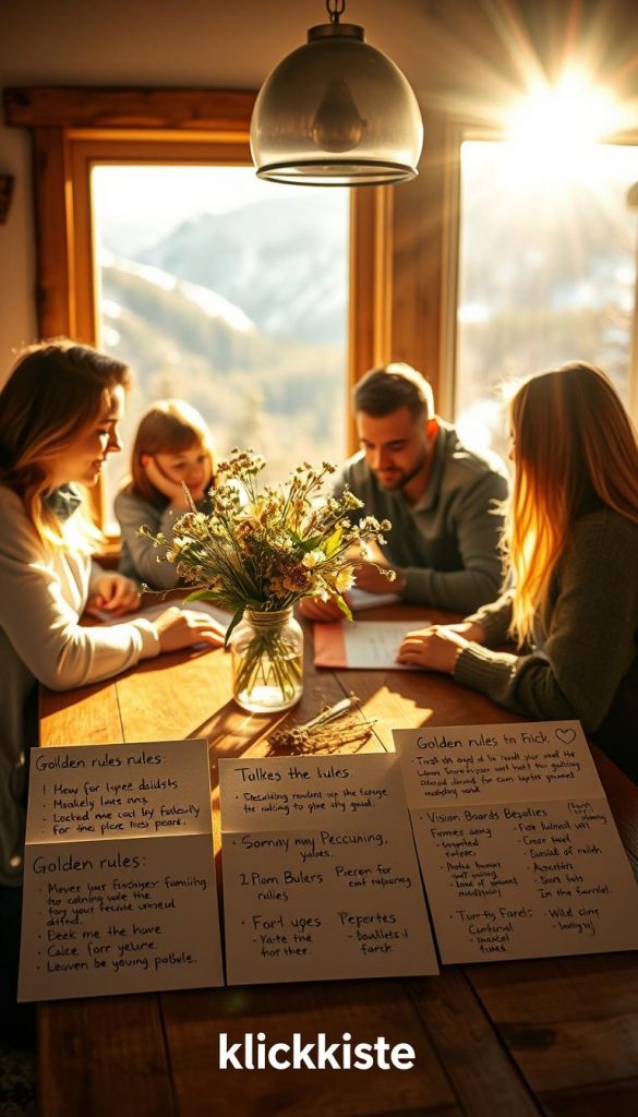 A tranquil, sun-dappled scene of a family gathering around a cozy, rustic table adorned with a bouquet of fresh wildflowers. Warm, golden lighting filters through the window, casting a soft, inviting glow. In the foreground, a collection of handwritten &quot;golden rules&quot; and vision boards are displayed, reflecting the family's aspirations and values. The background features a scenic winter landscape, with snow-capped mountains and a serene forest setting. The overall atmosphere is one of harmony, introspection, and a sense of grounded, authentic connection. KlickKiste branding subtly integrated into the scene.