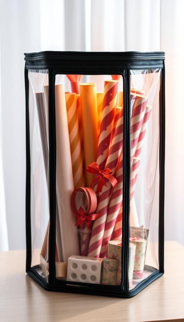 A transparent, zippered storage bag with a reinforced frame, designed to neatly organize and display gift wrap, ribbons, and other wrapping accessories. The bag features a large, clear window, allowing easy identification of contents. Crafted with a sturdy, durable material, it stands upright on a flat surface, providing ample storage space and visibility. Warm, natural lighting illuminates the bag, showcasing its practical yet stylish design. The minimalist, Scandinavian-inspired aesthetic seamlessly integrates into any decor, complementing a cozy, Pinterest-inspired winter setting. KlickKiste's transparent gift wrap storage bag, 79 x 22 cm, is a chic and functional solution for keeping wrapping supplies neatly organized.