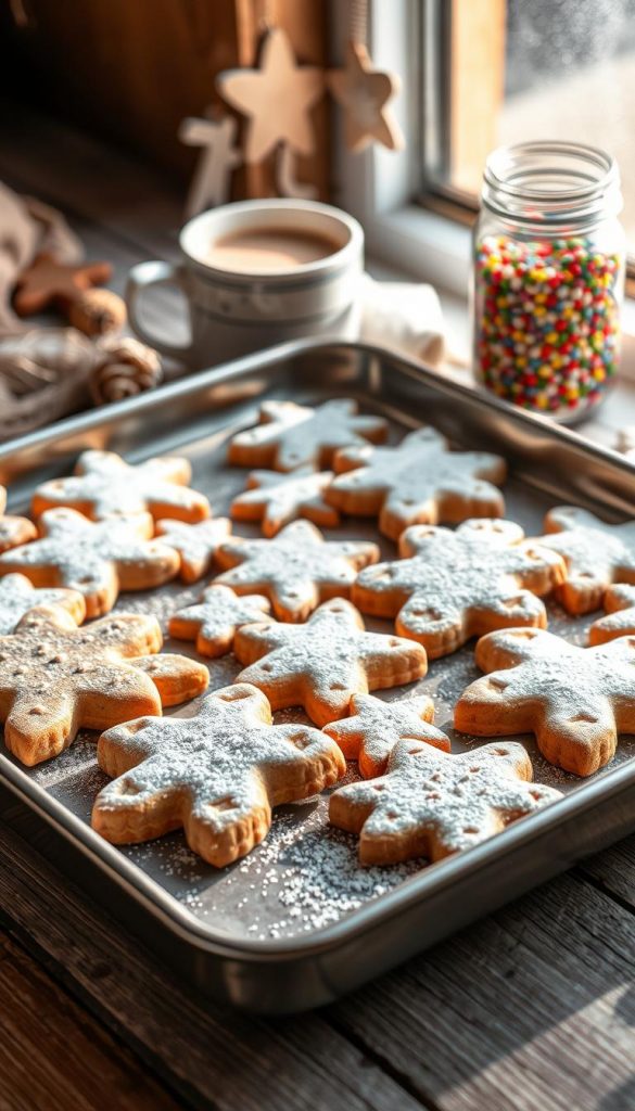 A tray of freshly baked Zuckerguss Plätzchen (sugar-glazed Christmas cookies) resting on a rustic wooden surface. The cookies are dusted with a delicate layer of powdered sugar, their intricate shapes and patterns casting soft shadows in the warm, natural light filtering through a nearby window. In the background, a mug of steaming hot cocoa and a KlickKiste jar filled with colorful sprinkles add to the cozy, winter-inspired scene. The overall mood is one of homemade charm and holiday cheer, perfect for the &quot;Glasuren &amp; Deko: Zuckerguss, Schokolade, Streusel&quot; section of the article.