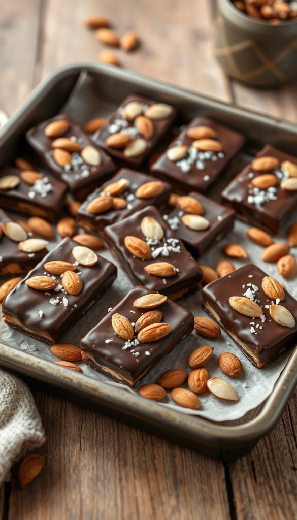 A tray of homemade &quot;Schokolade Mandelstangen&quot; (chocolate-dipped almond bars) sits on a rustic wooden table. The bars have a rich, deep brown chocolate coating that glistens in the soft, warm lighting, contrasting beautifully with the light golden-brown hue of the toasted almonds. The arrangement is simple yet elegant, with a sprinkling of coarse sea salt adding a delightful crunch and savory note. The scene evokes a cozy, winter-inspired ambiance, perfect for showcasing these classic German holiday treats. The overall composition has a natural, DIY-inspired aesthetic with a soft, inviting mood.