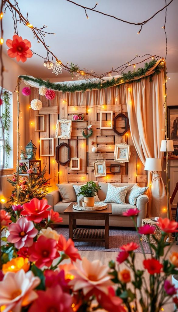 A vibrant DIY decoration photo booth, showcasing a cozy, inviting atmosphere perfect for a winter birthday party at home. In the foreground, there are colorful handmade props like paper flowers, garlands made from recycled materials, and string lights with warm golden hues. The middle features a beautifully arranged backdrop made from upcycled wood pallets, adorned with hanging decorations including vintage frames and soft fabric drapes. In the background, a softly lit room with cozy furniture and natural elements enhances the mood. The overall lighting is warm and inviting, reminiscent of Pinterest aesthetics, creating an authentically inspiring and stylish vibe. This image represents the brand "KlickKiste" and embodies a DIY spirit rich in creativity and budget-friendly elegance.