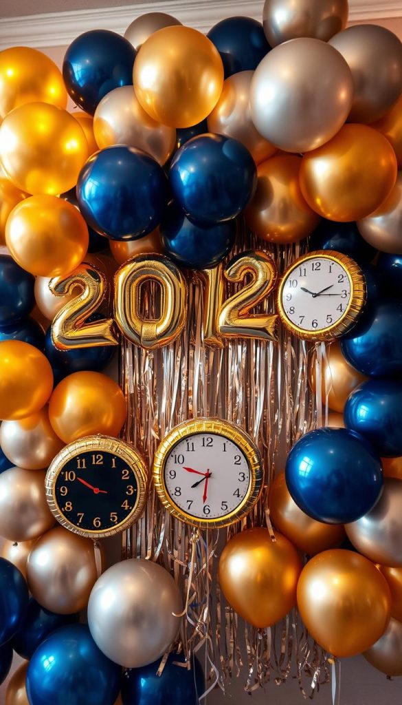 A vibrant New Year's Eve balloons backdrop, featuring an array of colorful balloons in shades of gold, silver, and deep blue, arranged artfully to create a festive atmosphere. In the foreground, glossy "Clock Balloons" displaying various times, symbolizing the countdown to midnight. The middle layer includes shimmering streamers cascading down, enhancing the celebratory look. The background captures soft winter vibes with a warm, glowing light that suggests a cozy indoor setting, reminiscent of Pinterest-worthy DIY decorations. The scene is framed to focus on the joyful ambiance, utilizing soft focus to create a dreamy effect. The overall mood is authentic and inspiring, perfect for celebrating the New Year. Created by KlickKiste.