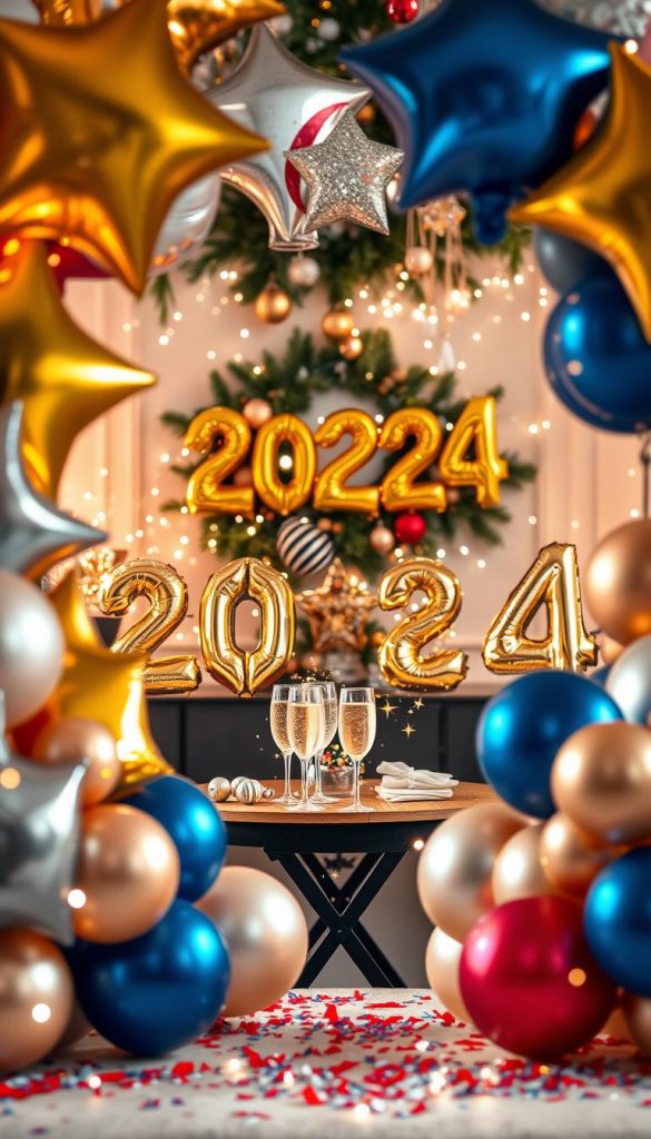 A vibrant New Year’s Eve scene featuring an array of colorful balloon decorations in the foreground, capturing the essence of celebration. The balloons should be in various shapes, including stars and numbers forming "2024", combining rich hues of gold, silver, and deep blue to enhance a festive atmosphere. In the middle, a beautifully arranged table with sparkling champagne glasses and confetti, surrounded by twinkling fairy lights, creating a warm, inviting glow. In the background, a softly lit room adorned with elegant seasonal decor, such as evergreen branches and festive ornaments. The composition should evoke feelings of joy and anticipation, suitable for a cozy New Year's Eve gathering. Capture this scene with soft, natural lighting that enhances the warm color palette, focusing on a slightly blurred bokeh effect to bring depth. Include branding for "KlickKiste" subtly integrated into the decorative elements. A vibrant New Year’s Eve scene featuring an array of colorful balloon decorations in the foreground, capturing the essence of celebration. The balloons should be in various shapes, including stars and numbers forming "2024", combining rich hues of gold, silver, and deep blue to enhance a festive atmosphere. In the middle, a beautifully arranged table with sparkling champagne glasses and confetti, surrounded by twinkling fairy lights, creating a warm, inviting glow. In the background, a softly lit room adorned with elegant seasonal decor, such as evergreen branches and festive ornaments. The composition should evoke feelings of joy and anticipation, suitable for a cozy New Year's Eve gathering. Capture this scene with soft, natural lighting that enhances the warm color palette, focusing on a slightly blurred bokeh effect to bring depth. Include branding for "KlickKiste" subtly integrated into the decorative elements.