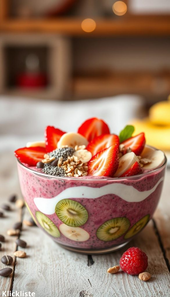 A vibrant and artistic smoothie bowl overflowing with colorful ingredients, prominently featuring protein-rich components like Greek yogurt and chia seeds. In the foreground, the bowl is beautifully garnished with sliced fruits such as strawberries, kiwi, and bananas, alongside a sprinkle of nuts and seeds, capturing a sense of freshness and vitality. In the middle ground, a rustic wooden table enhances the natural DIY aesthetic. The background is softly blurred to highlight the bowl, with warm, inviting lighting that conveys a cozy spring vibe, reminiscent of a carefree vacation. The overall mood should evoke inspiration and health, with a subtle "KlickKiste" branding hint in the design elements.