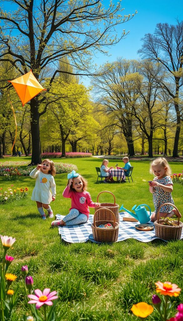 A vibrant and cheerful scene showcasing children engaging in various spring activities in a sunny park setting, filled with blooming flowers and green grass. In the foreground, two kids are joyfully flying colorful kites, while nearby, another child is planting seeds in a small garden with a watering can. The middle of the scene features a picnic setup with a checkered blanket, baskets, and children enjoying homemade snacks. In the background, tall trees are adorned with fresh leaves, and a clear blue sky illuminates the entire scene, creating a warm and inviting atmosphere. Use natural lighting to enhance the vivid colors and ensure a soft, dreamy effect. The style should evoke a Pinterest aesthetic, portraying authenticity and inspiration for outdoor creativity, with subtle branding for "KlickKiste."