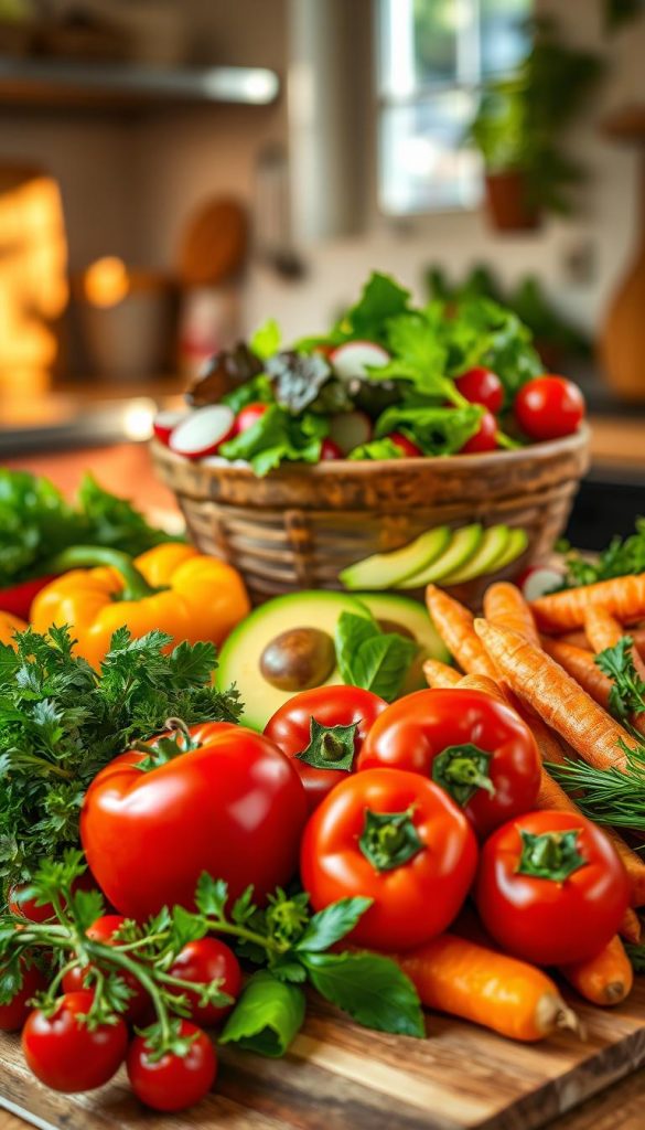 A vibrant and colorful arrangement of fresh vegetables, showcasing a variety of textures and shapes. In the foreground, there are bright red tomatoes, vibrant green bell peppers, and crisp carrots, artistically placed on a wooden cutting board with a few sprigs of fresh herbs for added detail. In the middle, a rustic bowl filled with mixed greens and colorful radishes sits invitingly, surrounded by slices of avocado. The background features a softly blurred kitchen setting with warm natural light streaming through a window, creating a cozy atmosphere. The scene conveys a sense of freshness and healthy living, ideal for a spring/summer meal prep. This image should reflect a natural DIY aesthetic with warm colors, embodying the spirit of 'KlickKiste'.