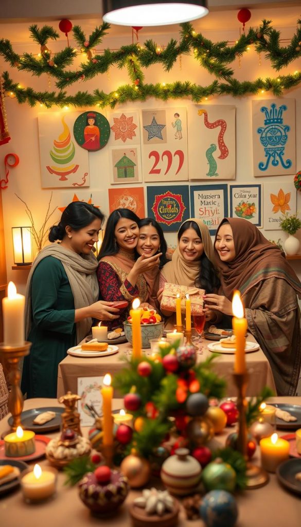 A vibrant and cozy scene depicting a festive holiday celebration, showcasing a rich tapestry of international and cultural elements. In the foreground, a beautifully set table adorned with handmade decorations, including candles, colorful ornaments, and traditional festive treats from various cultures. In the middle, cheerful individuals dressed in modest, elegant attire, joyfully exchanging gifts and enjoying each other’s company, embodying the spirit of togetherness. The background features a warmly lit room decorated with seasonal garlands, twinkling lights, and artwork representing various holidays like Diwali, Christmas, Hanukkah, and Lunar New Year. Soft, warm lighting creates an inviting atmosphere, emphasizing happiness and celebration. The overall mood is one of joy, unity, and diversity in celebrations. Image created by KlickKiste.