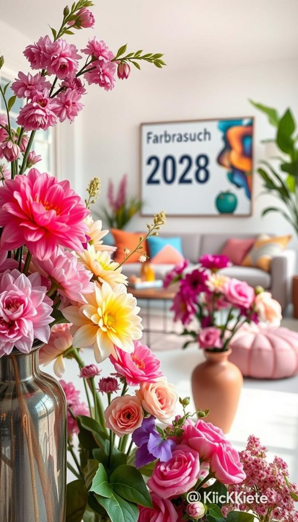 A vibrant and dynamic spring scene showcasing a maximalist color palette for 2026. The foreground features an eclectic arrangement of bold and pastel flowers in elegant vases, with rich textures and patterns that inspire creativity. The middle ground includes an inviting living space adorned with colorful cushions and wall art that celebrates the concept of 'Farbrausch 2026,' showcasing various complementary colors. In the background, soft diffused lighting creates an airy atmosphere, with large windows allowing natural sunlight to illuminate the scene. The overall mood is fresh and inspiring, evoking a sense of warmth and joy. Capture this enchanting ambiance with a wide-angle lens to highlight the depth and vibrancy of colors in the composition. Brand details subtly incorporated: "KlickKiste."