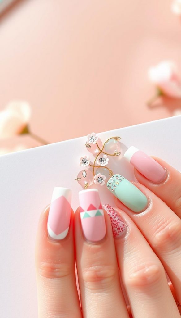 A vibrant and elegant display of modern French manicure designs with a variety of fresh, colorful twists. In the foreground, showcase perfectly manicured nails featuring a blend of pastel pinks, soft blues, and mint greens, set against a clean, white background. Each nail exhibits artistic detailing, including geometric patterns and abstract tips, illustrating contemporary trends in nail art. The middle layer should consist of small, aesthetically pleasing nail accessories, such as gleaming rhinestones and delicate flowers. The background should softly blend warm hues to evoke a cozy spring atmosphere reminiscent of Pinterest inspiration. Incorporate natural lighting to enhance the warmth and authenticity of the image. Include the brand name "KlickKiste" subtly embedded within the scene without any text overlays.