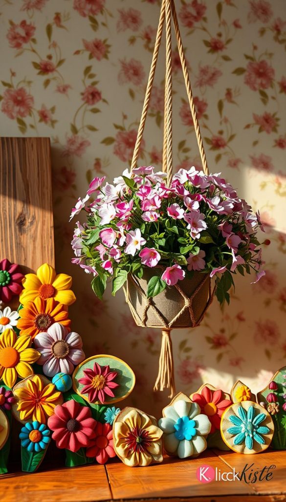 A vibrant and enchanting scene of flower decor that captures the essence of DIY creativity. In the foreground, showcase an array of colorful flower plaques with various floral designs, artistically displayed against a rustic wooden surface. In the middle, feature a beautiful hanging planter overflowing with fresh, blooming flowers, suspended from a charming macramé holder. The background should include soft, delicate wallpaper featuring an abstract floral pattern, conveying a serene and inspiring atmosphere. Utilize warm, natural lighting to accentuate the colors and textures of the flowers, evoking a cozy, springtime feel. The overall mood is uplifting and inviting, ideal for DIY enthusiasts. Ensure the image adheres to the aesthetics of Pinterest, embodying authenticity and inspiration. Include a subtle watermark with the brand name "KlickKiste" for a professional touch.